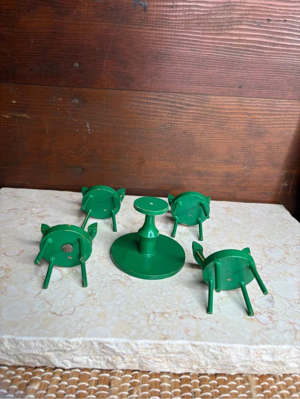 Vintage Japan Hand Painted Wooden Dollhouse Table & Chairs Green Pink Floral